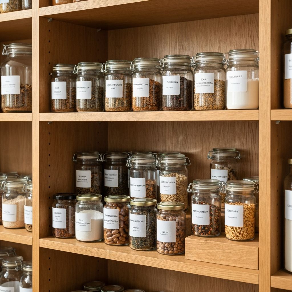 Organisiertes Regal mit sauberen Gläsern mit Ergänzungsstoffen und Kategoriebeschriftungen